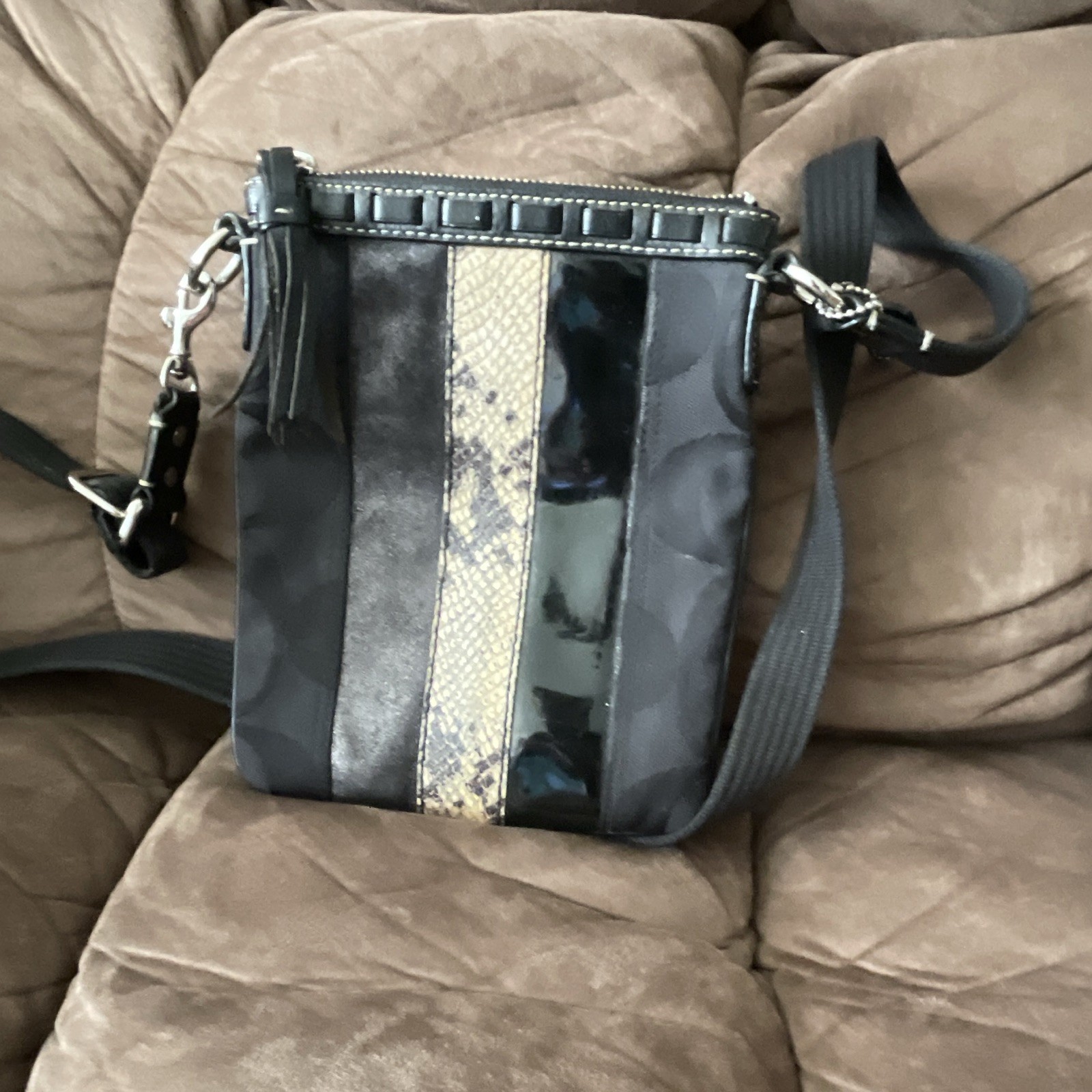 Coach Signature C Stripe Small Crossbody Bag Black/Gray Zip Tassel