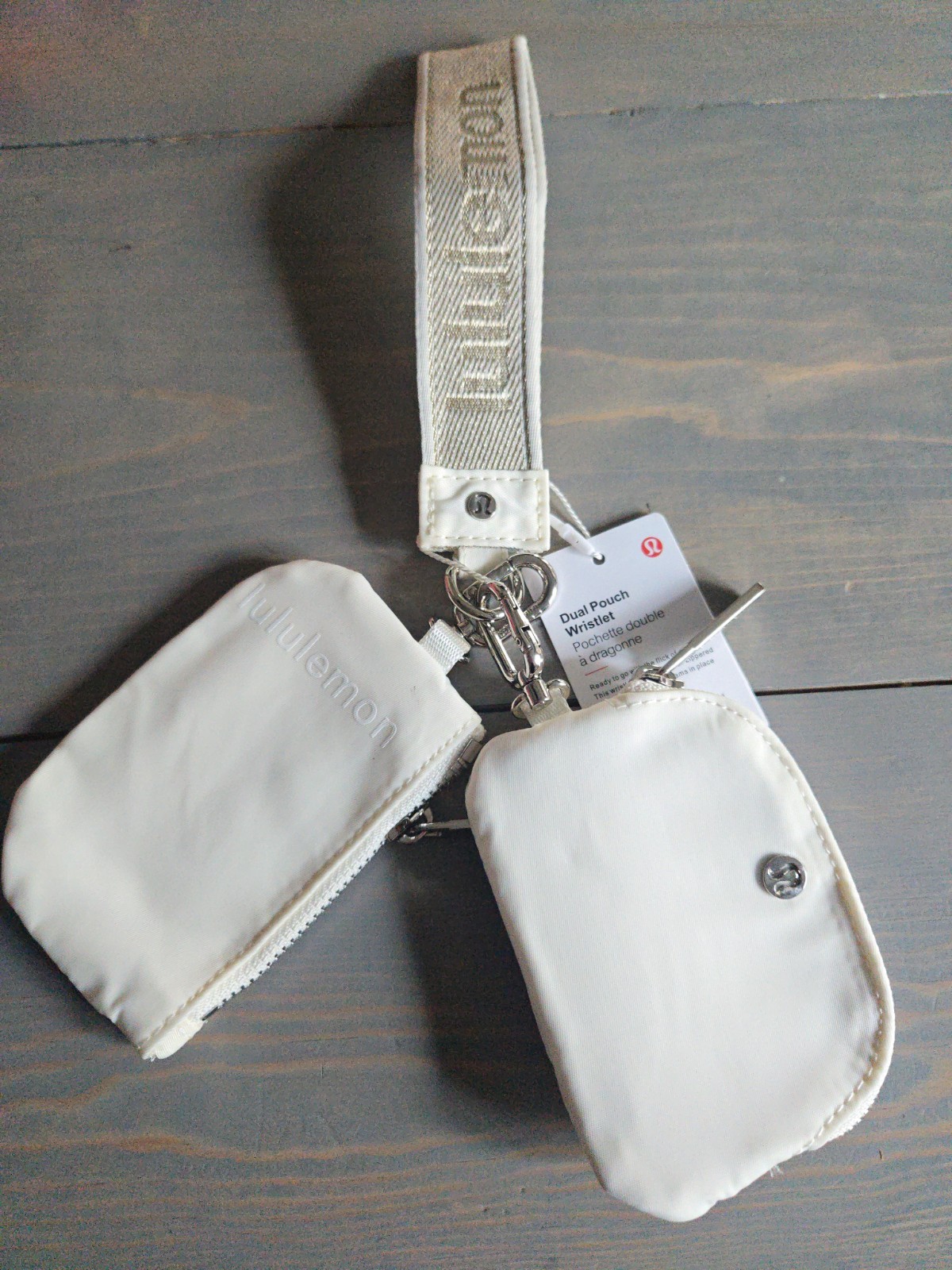Lululemon Dual Pouch Wristlet White Beige Wrist Strap Zip Silver Hardware