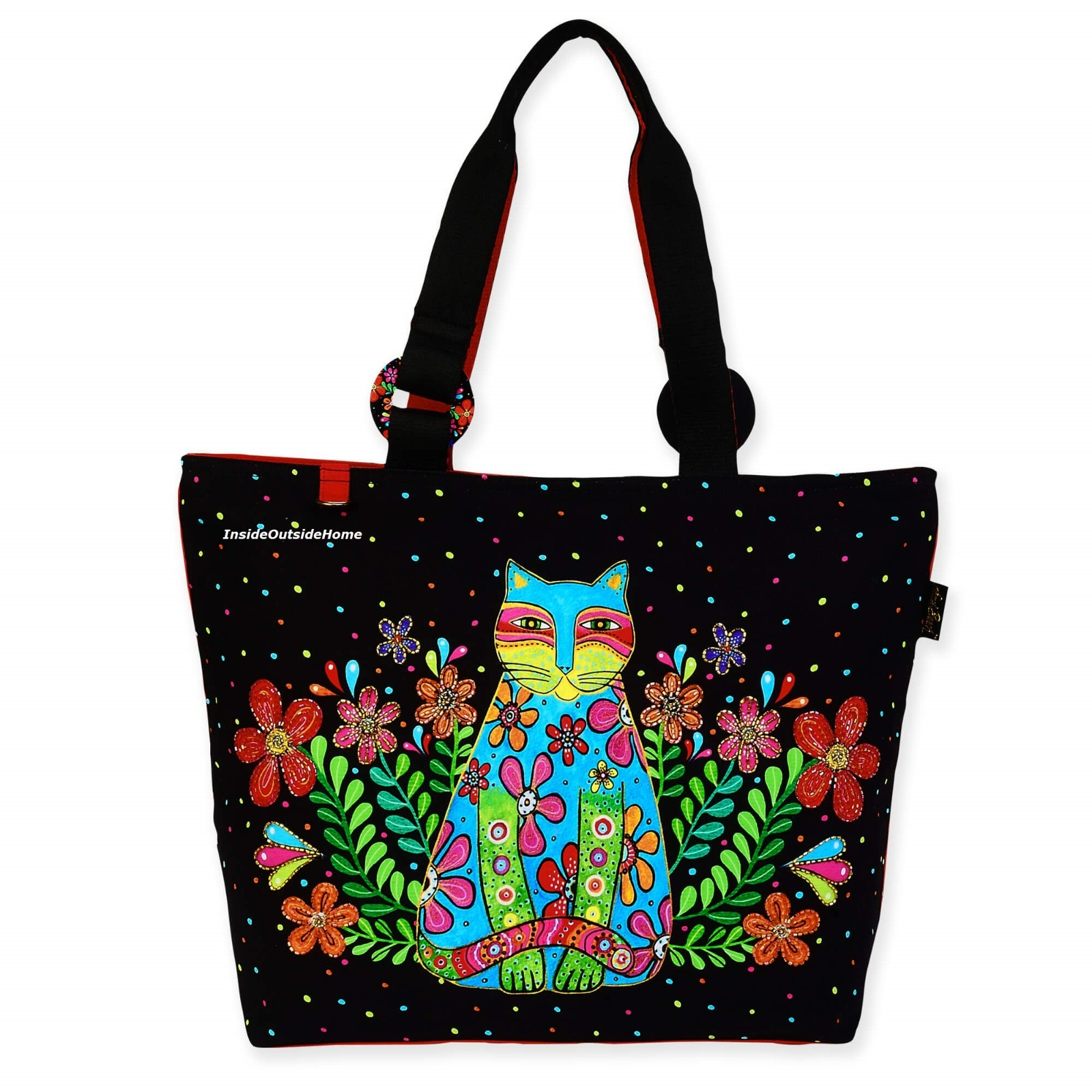 Laurel Burch Kaleidoscope Cat in Flowers XL Shoulder Tote Bag 21″x6.5″x15″ NEW