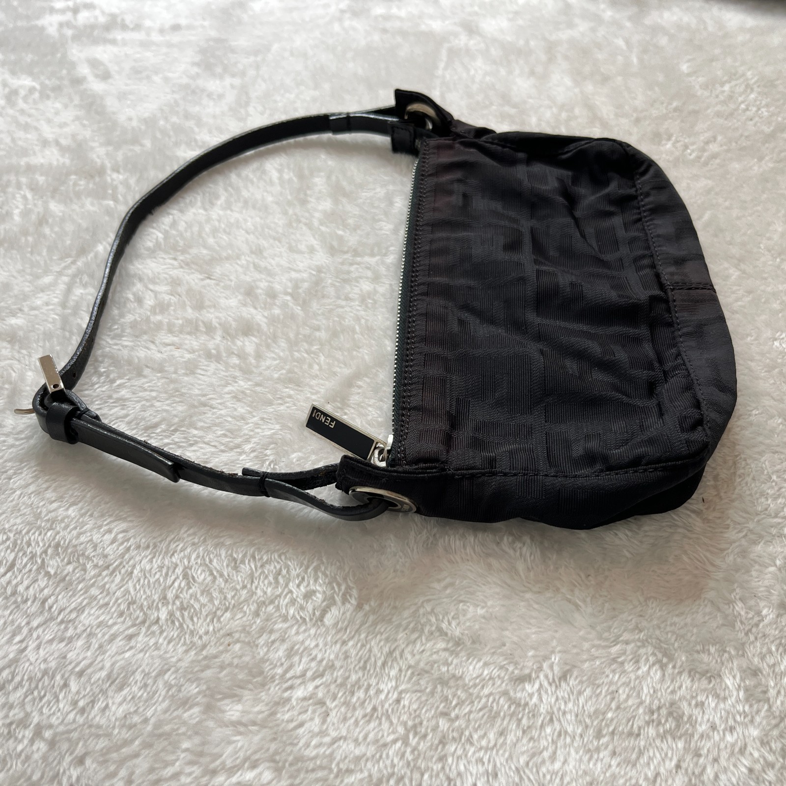 VTG Fendi FF Zucca Shoulder Handbag Monogram Black Fabric Baguette Pochette