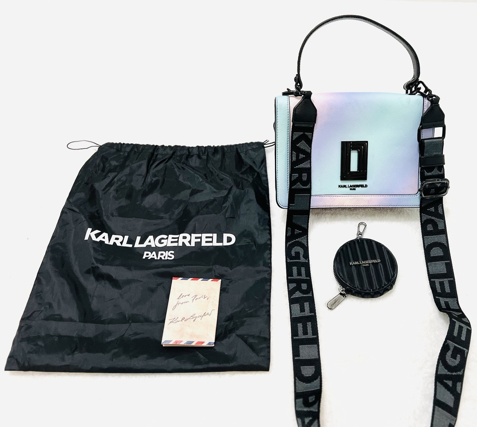 KARL LAGERFELD Simone Front Flap Crossbody Iridescent Dust Bag Logo Coin Purse