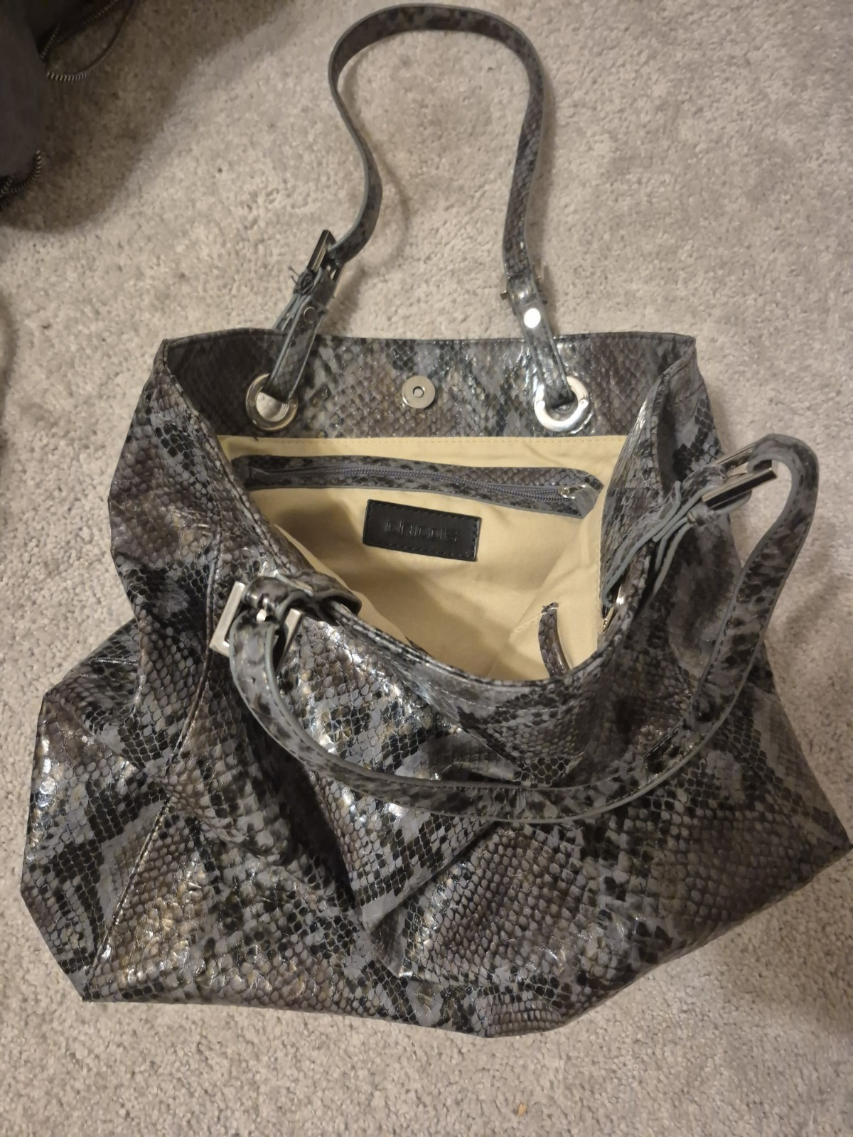 Chico’s Gray/Black Snake Print Coated Tote Bag, Magnetic Closure, Inner Pockets