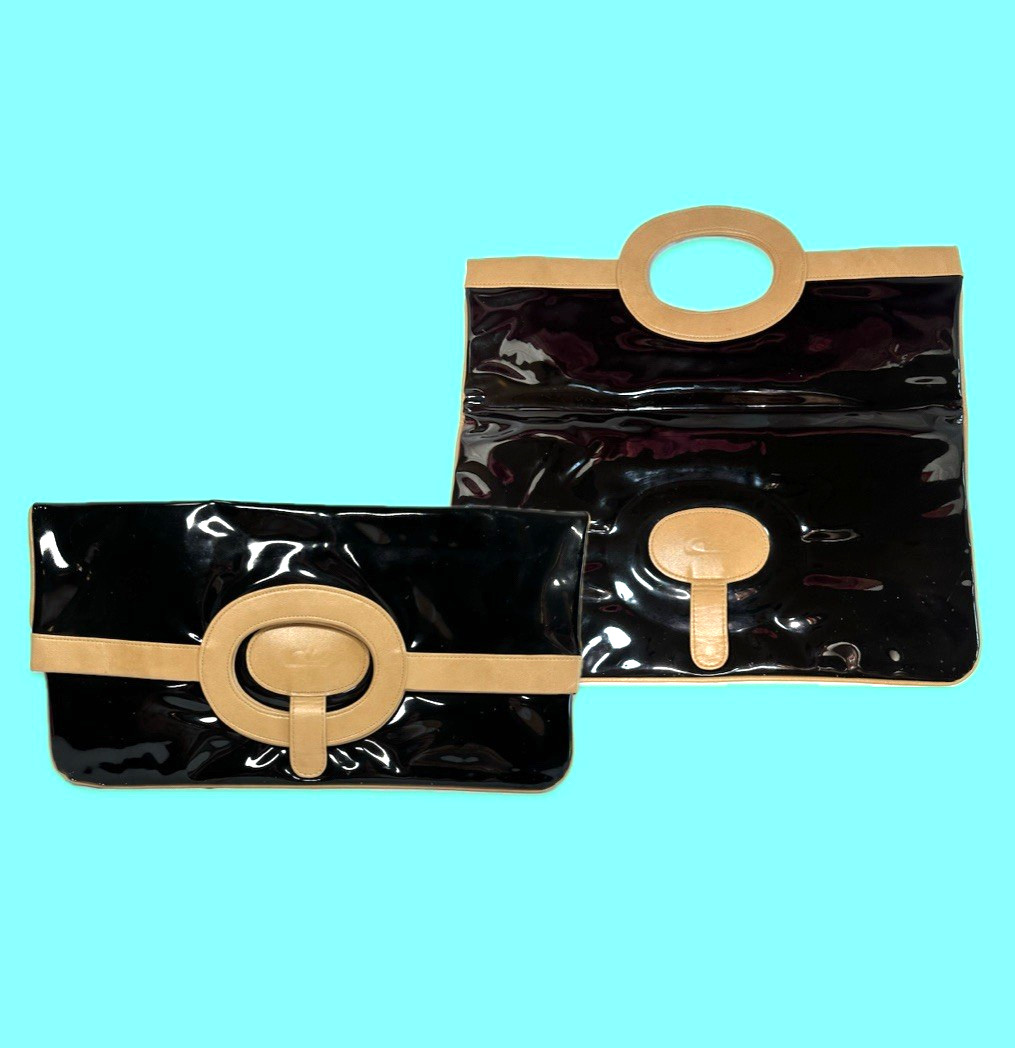 VTG Calrelli of Canada Black Patent Leather w Tan Trim Big Clutch Purse & Tote