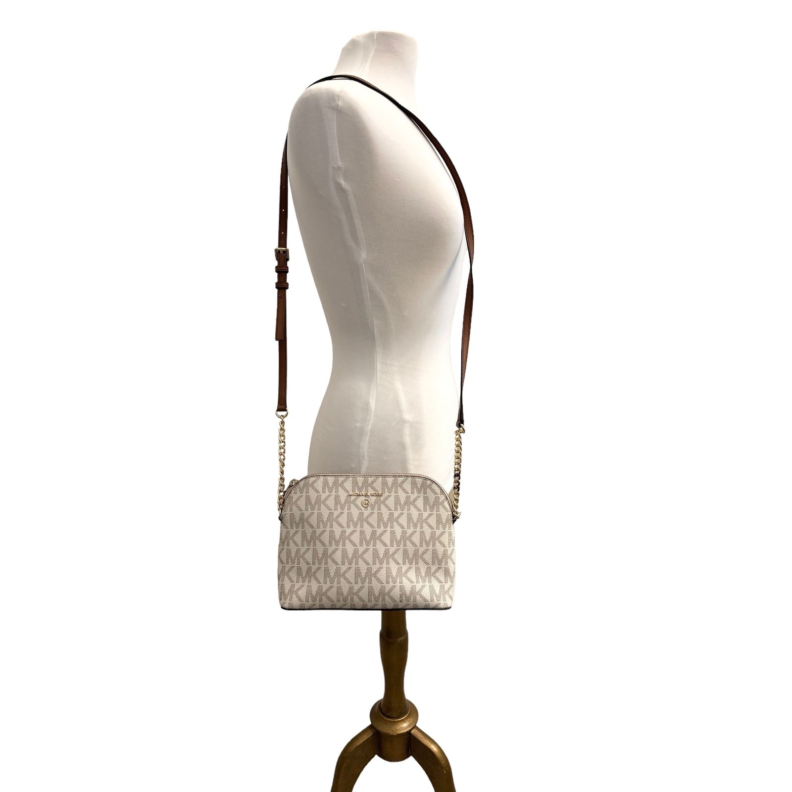 Michael Kors Classic Cream Logo Monogram Crossbody Gold Chain Shoulder Luxury
