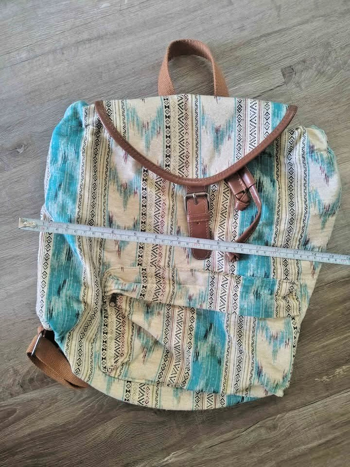 MOSSIMO SUPPLY CO. BLUE GEOMETRIC CANVAS DRAWSTRING BACKPACK TRIBAL IKAT LEATHER