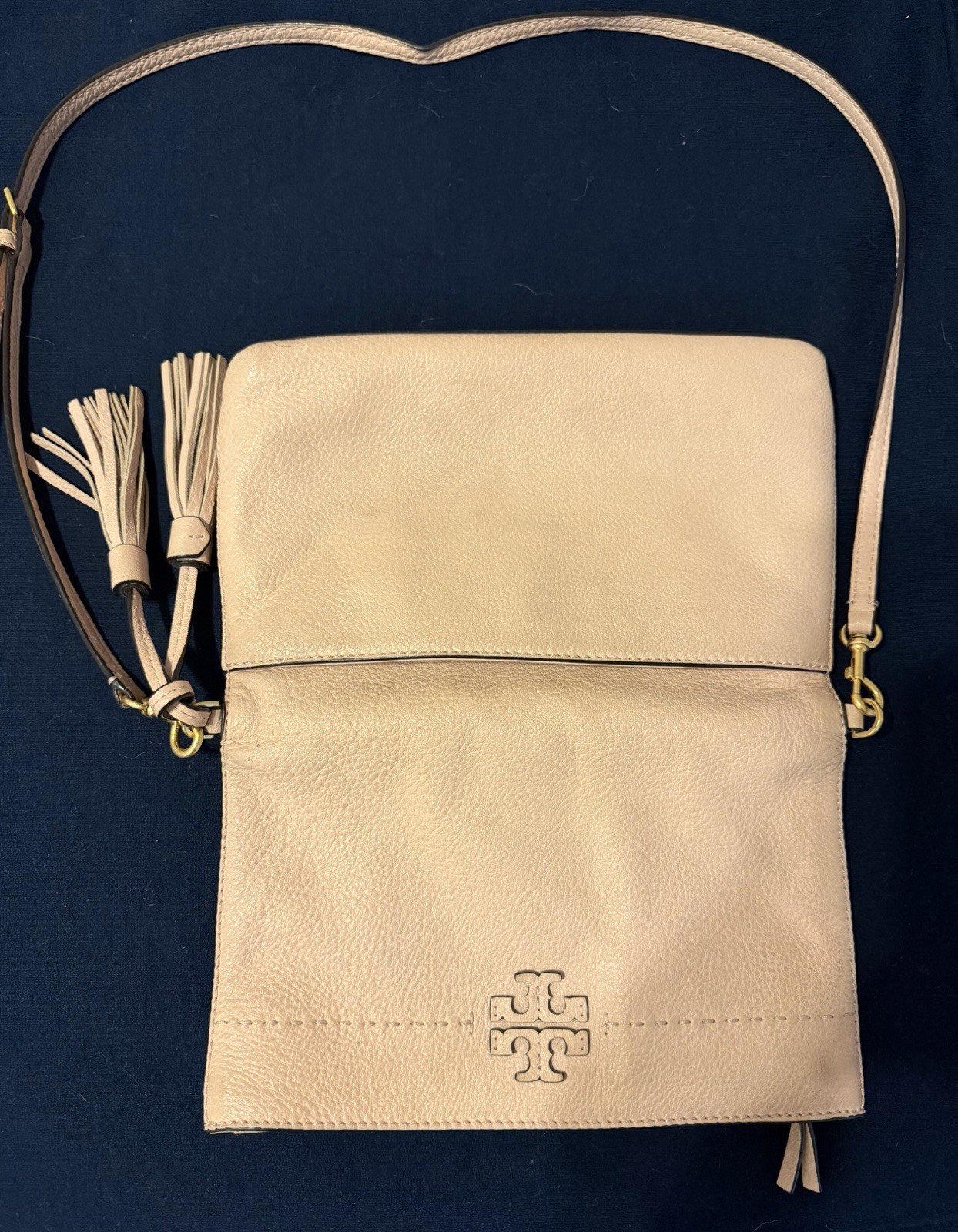 Tory Burch Blush McGraw Fold-over Bag Zip Top Tassel Gold Hardware Pockets