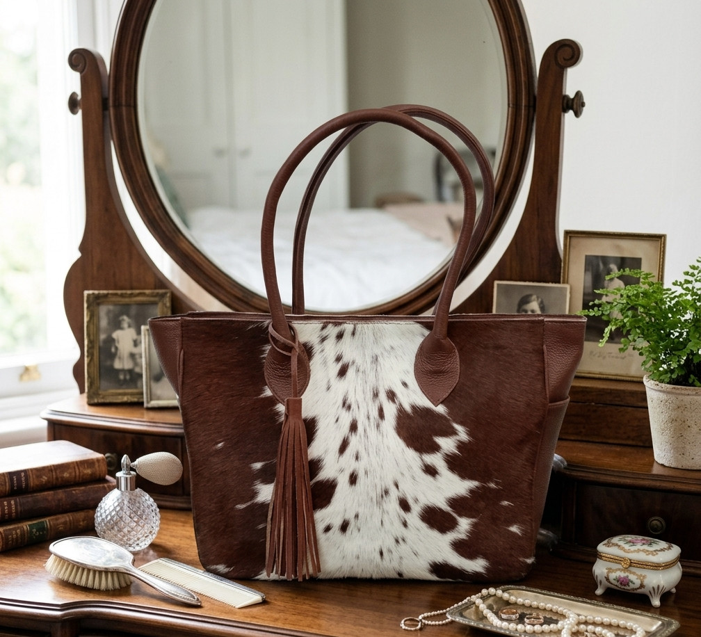Genuine Cowhide Tote Bag Women Shoulder Bag Western Style Cowskin Purse handbag