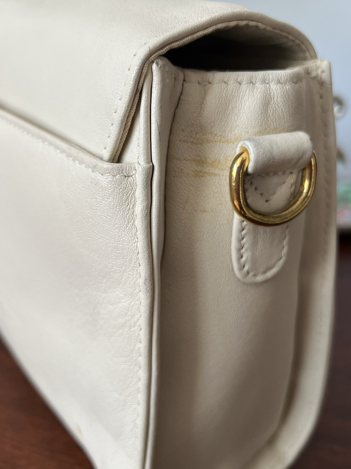 Etienne Aigner Leather Ivory Handbag with Crossbody Adustable Strap Gold Accents