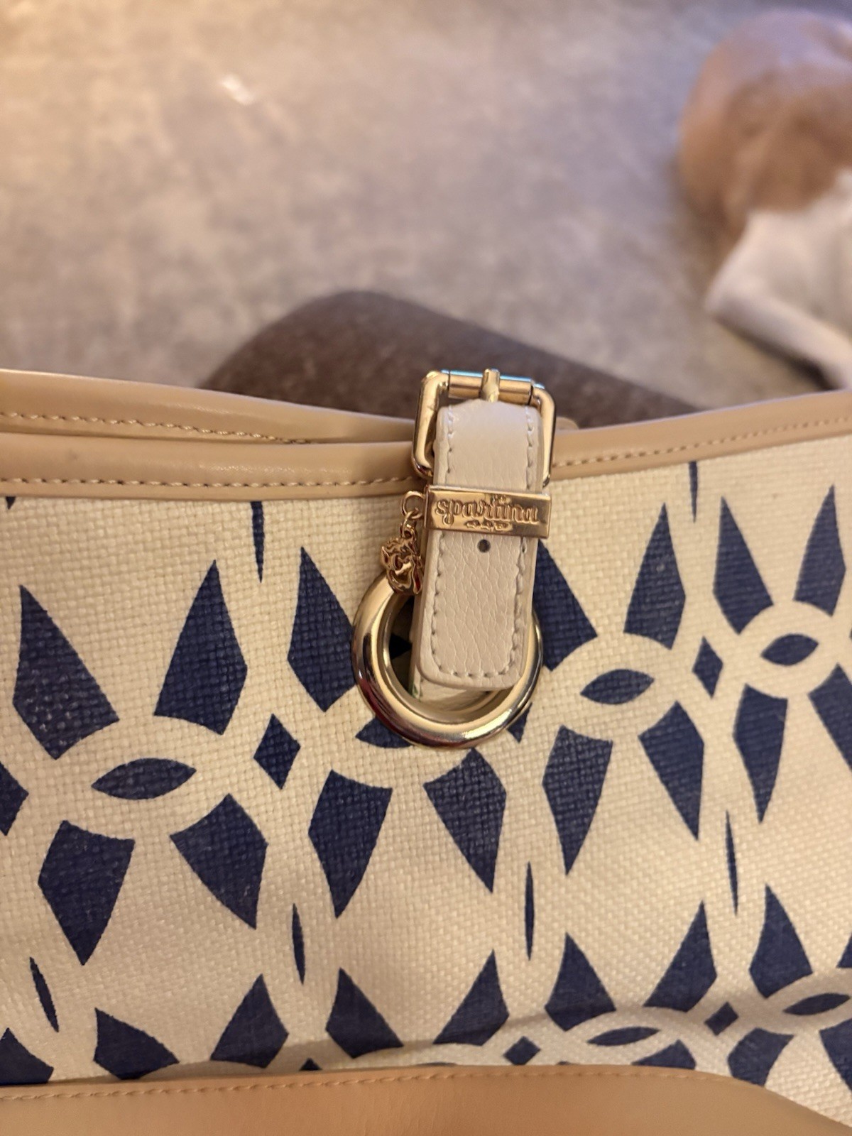 Spartina Geometric Blue/Beige Crescent Shoulder Bag Detachable Strap Magnetic