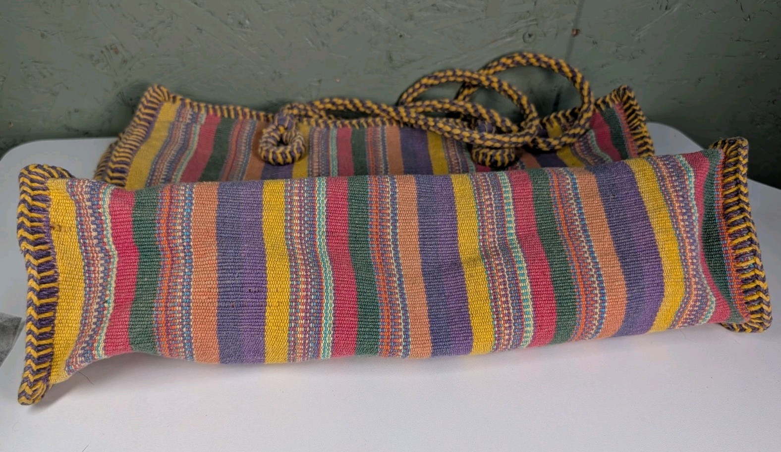 Catstudio Boho Coastal Beach Resort Woven Striped Tote Drawstring Lined Bag