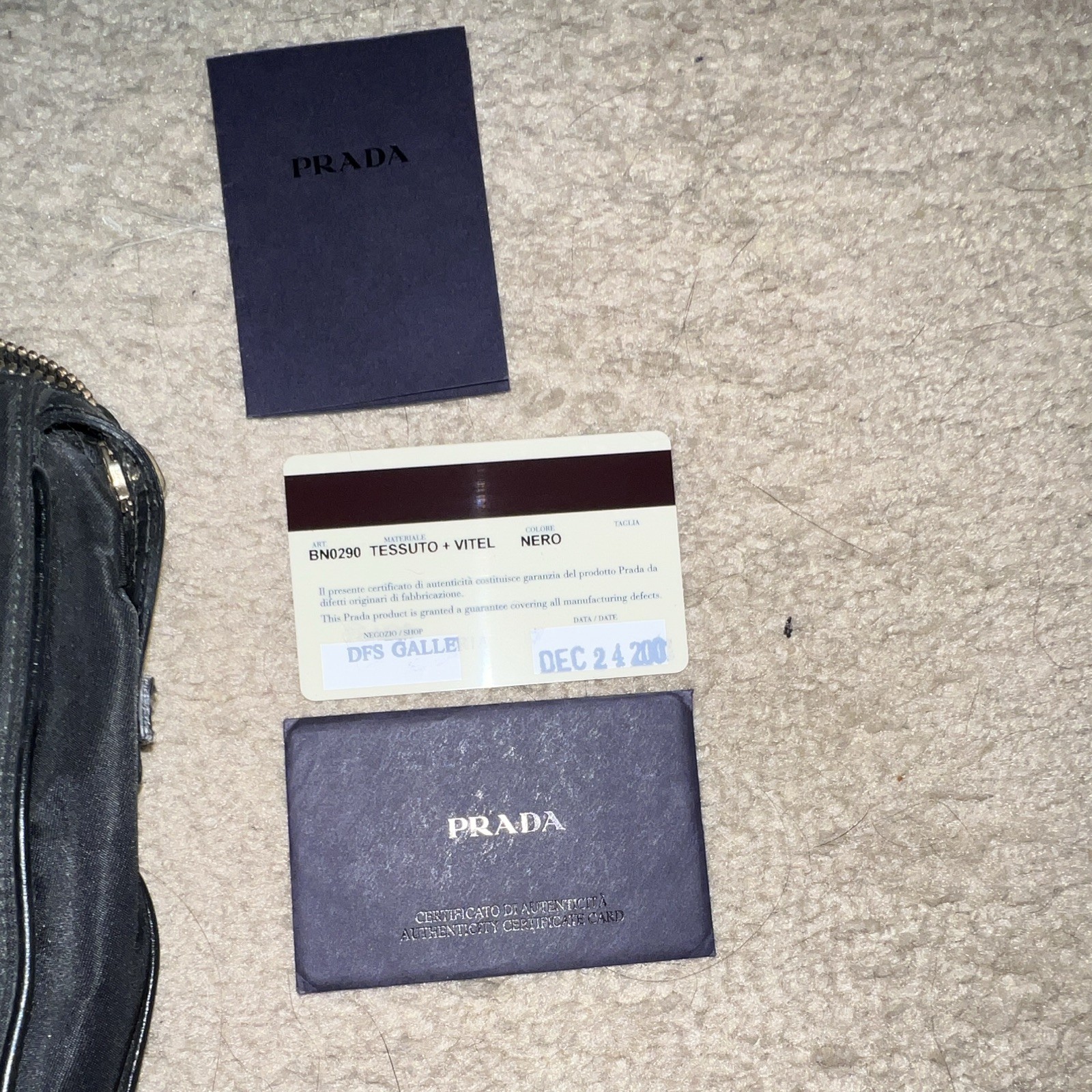 Prada Tessuto Black Top Handle Bag Logo Pattern Zip Gold Hardware Brand Card