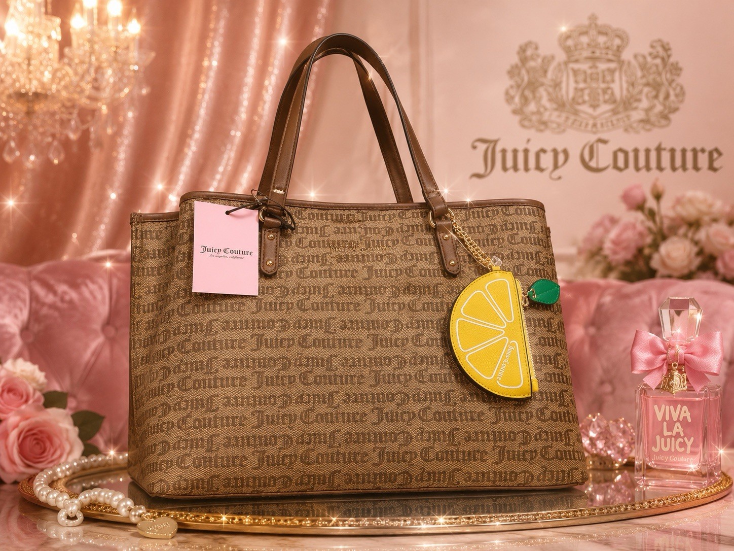 Juicy Couture Brown Logo Tote Bag Lemon Charm Gold Hardware Double Handles