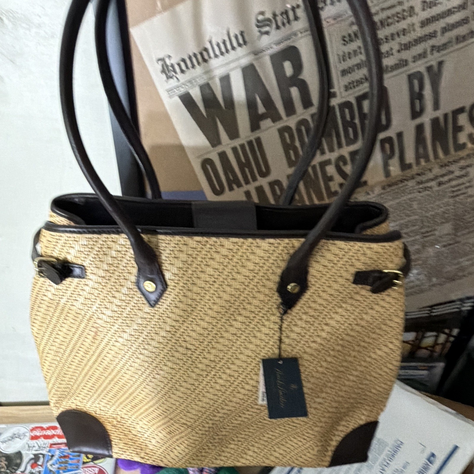 Brooks Brothers Woven Tote Beige/Brown Leather Handles Gold Hardware