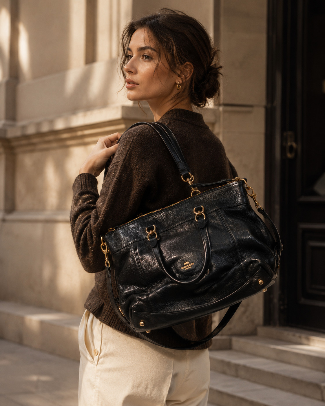 Coach Black Pebbled Leather Top Handle Crossbody Classic Gold HW Orig$450