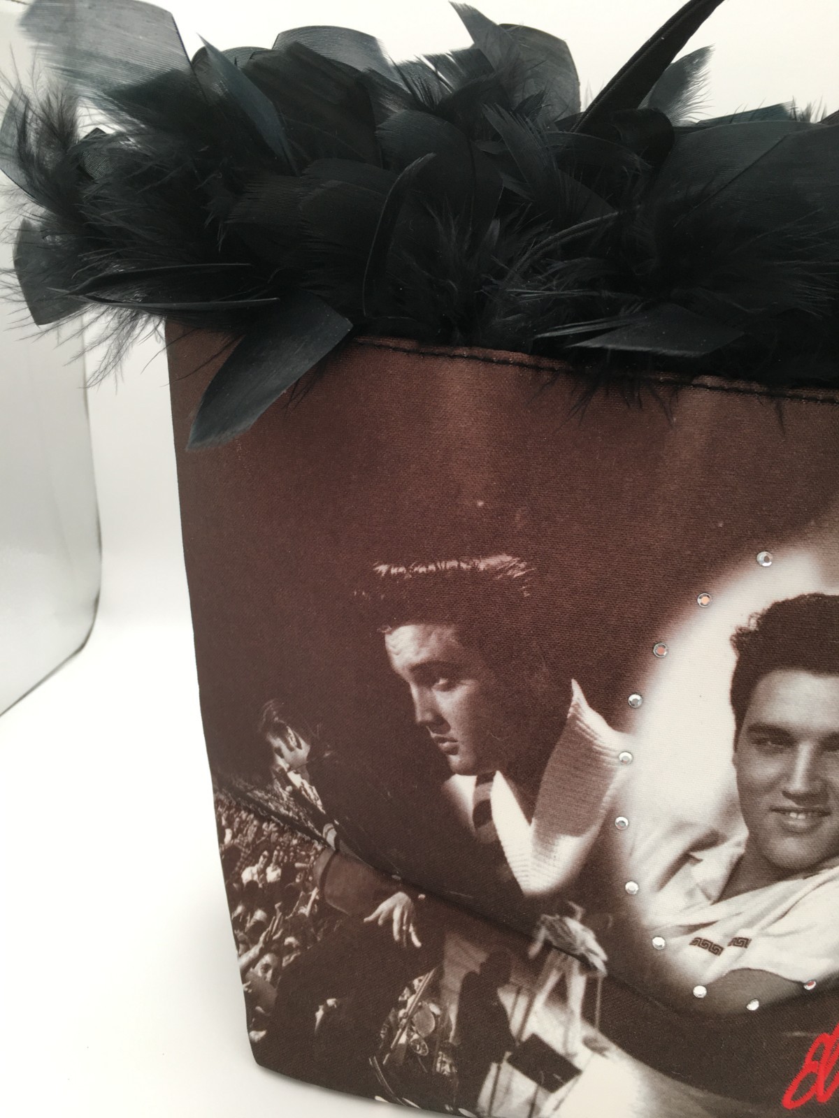 Ashley M Elvis Presley tribute tote bag blk. brown/faux feather trim&rhinestones