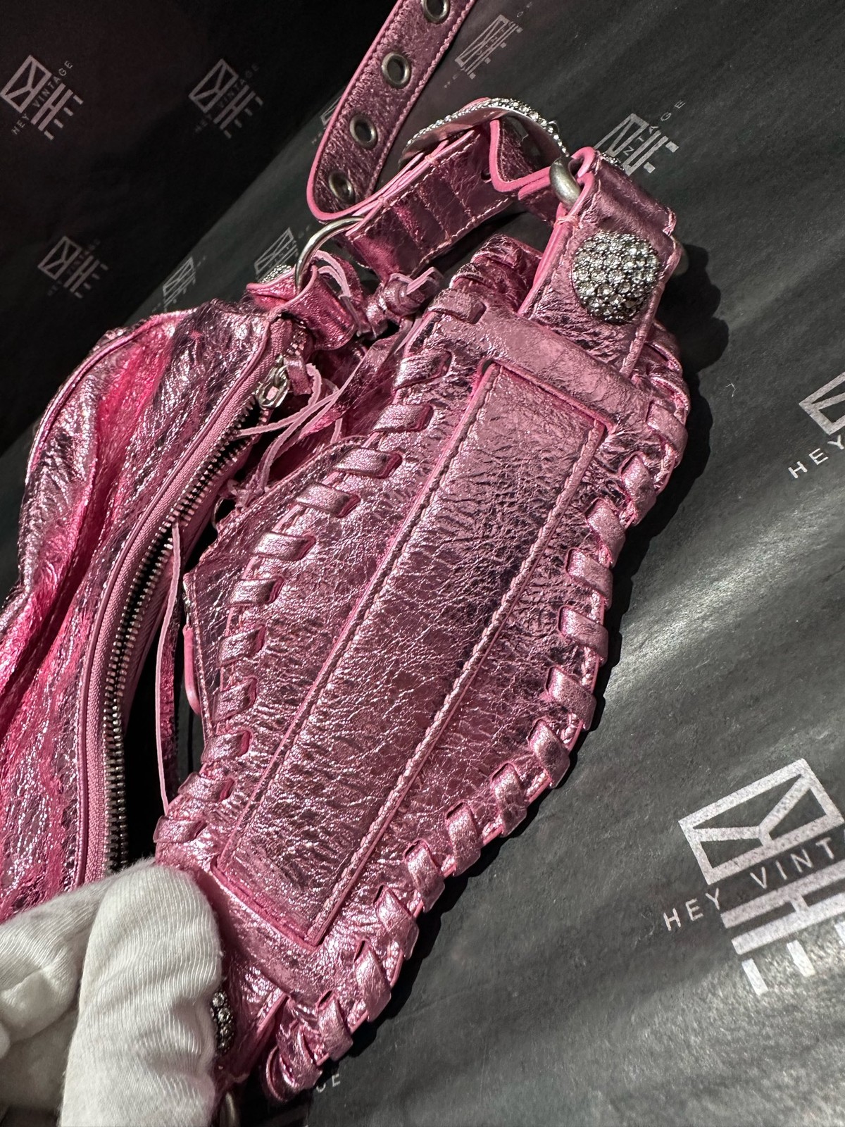 Auth BALENCIAGA Le Cagole Mini Shoulder Bag Pink Metallic Crossbody Bag