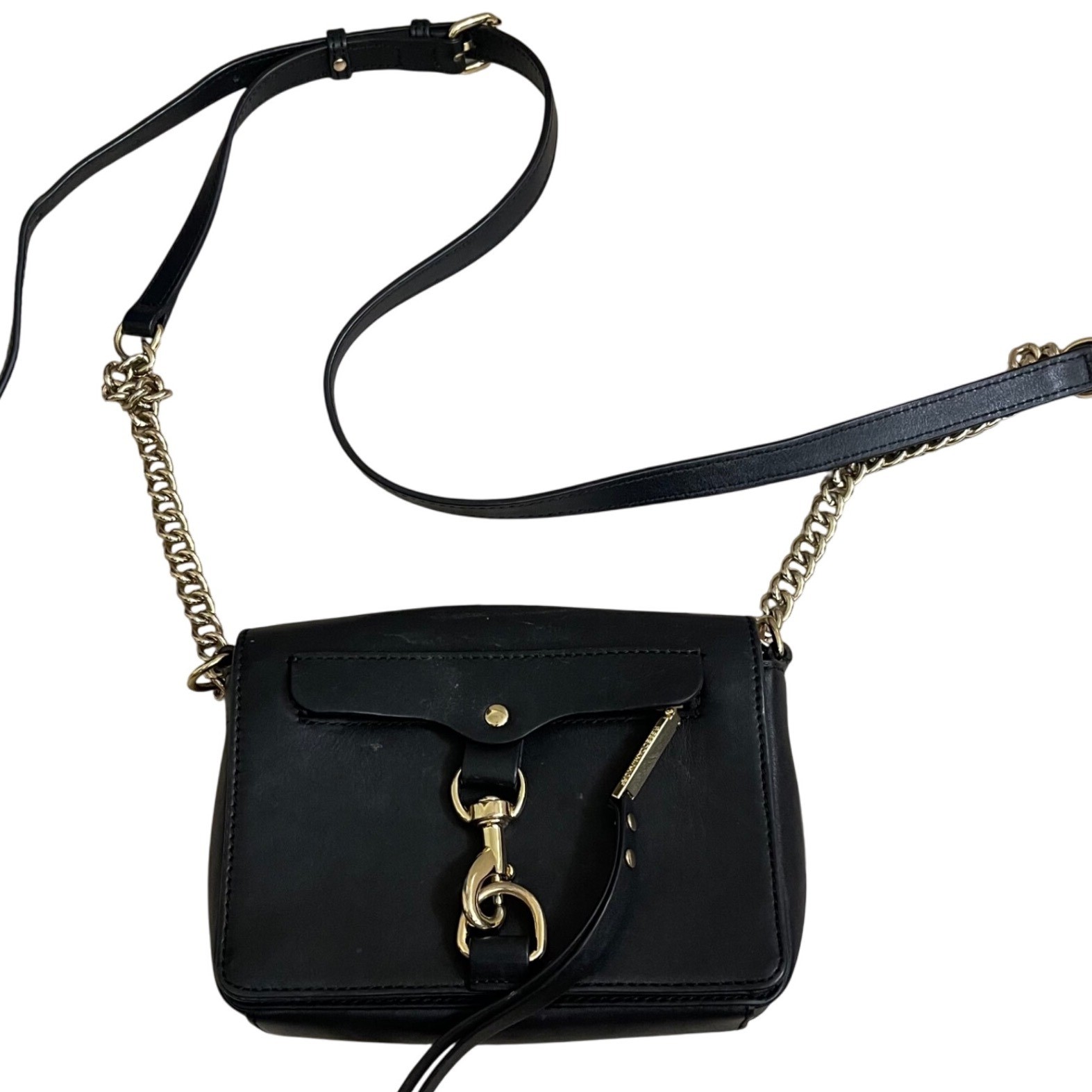 Rebecca Minkoff Black Leather Mini Mac Crossbody chain strap detail purseBag