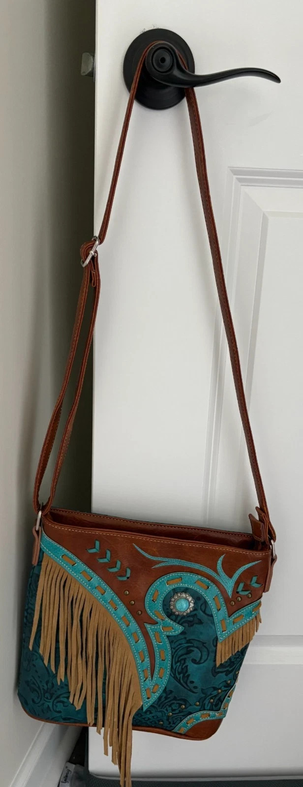 WESTERN – COWGIRL Fringe Cross Body PURSE Brown Turquoise CONCEAL CARRY Bag