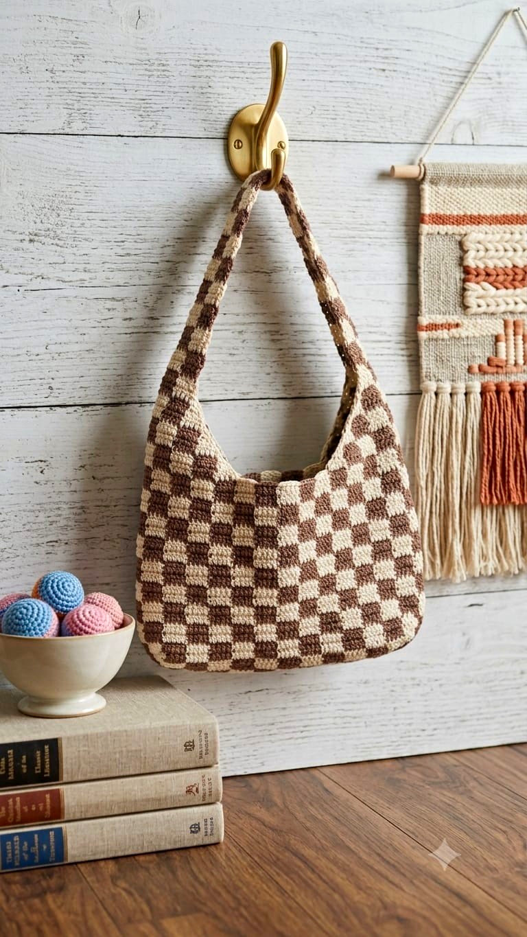 Handmade Crochet Women’s Checkered tote Bag. Brown/Beige with Shoulder Strap