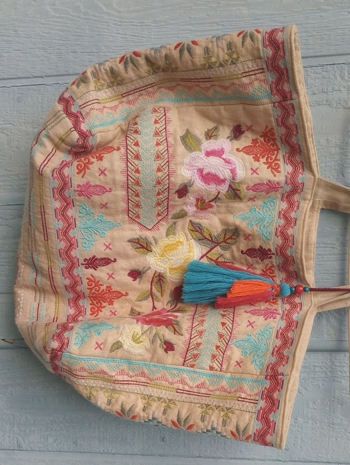 Johnny Was Large Linen Tote With Embroidery