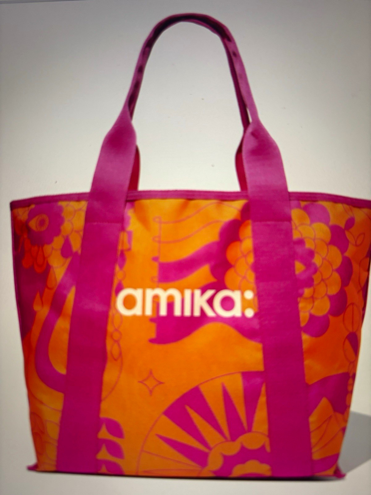 amika Orange & Pink Floral Tote Bag with Logo Accent, Open Top, Lightweight