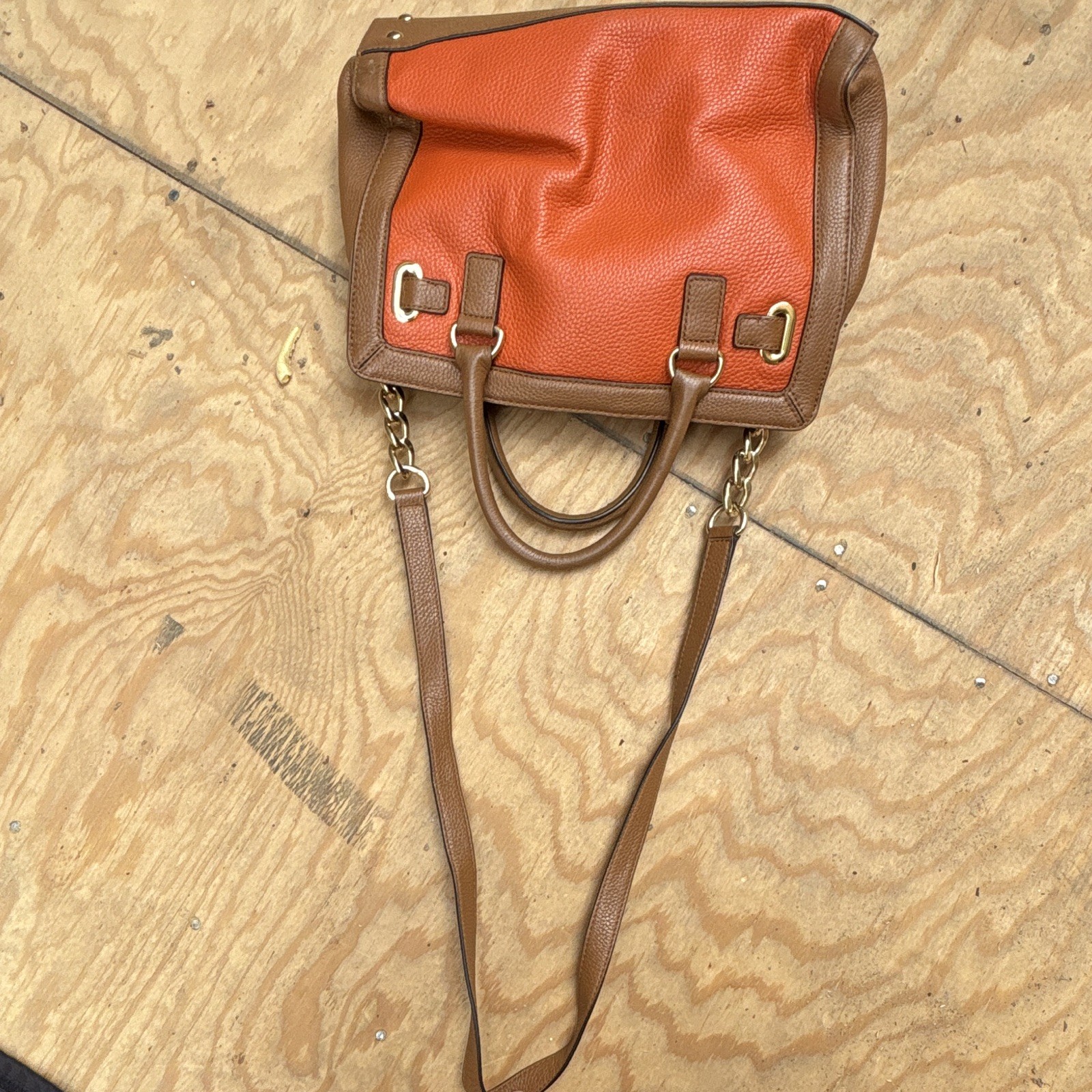 Michael Kors Pebbled Satchel Top Handle Bag Brown/Orange Detachable Strap Logo