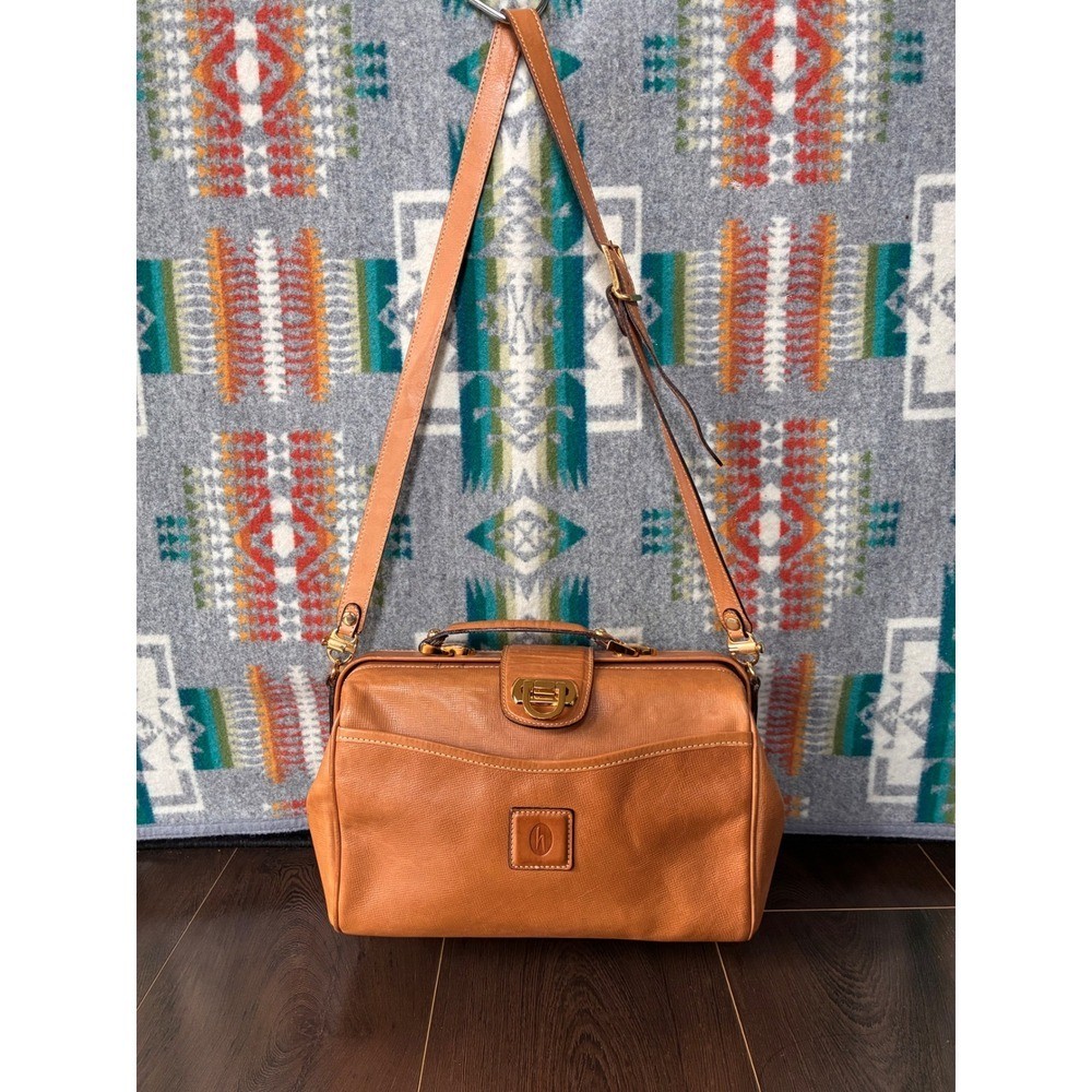 Vintage Hartmann Tan Leather Satchel Handbag with Strap Gold Clasp