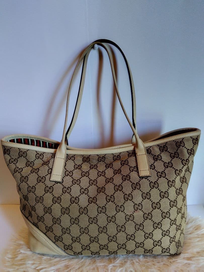 GUCCI GG Canvas Leather Tote Bag Beige Women Auth 9.05 x 11.02 x 4.72inch