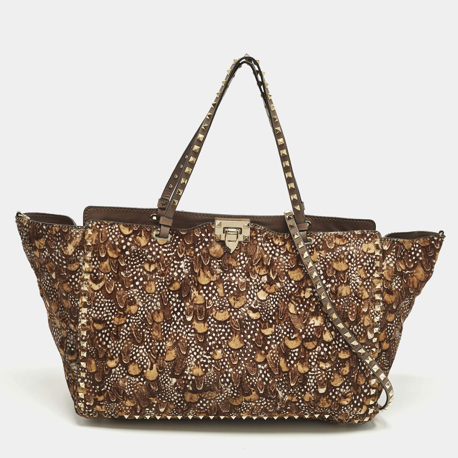 Valentino Rockstud Trapeze Brown Feather Print Calf Hair and Leather Tote