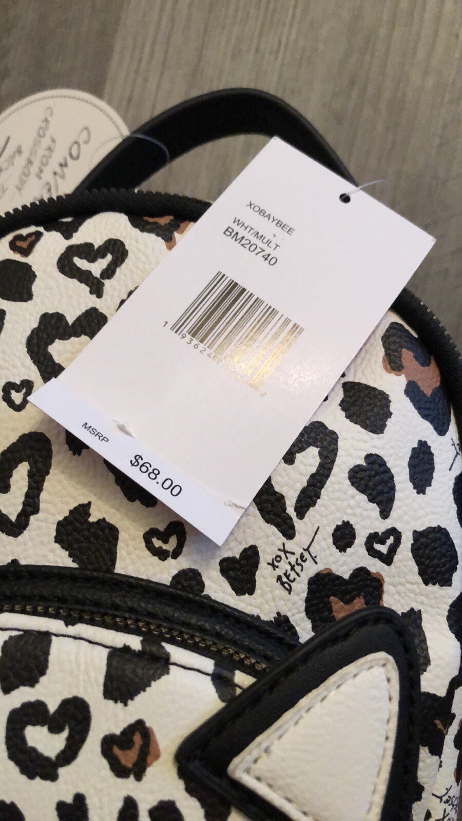 Betsey Johnson Black & White Multi Leopard Heart Print Dog Kitsch Backpack NWT