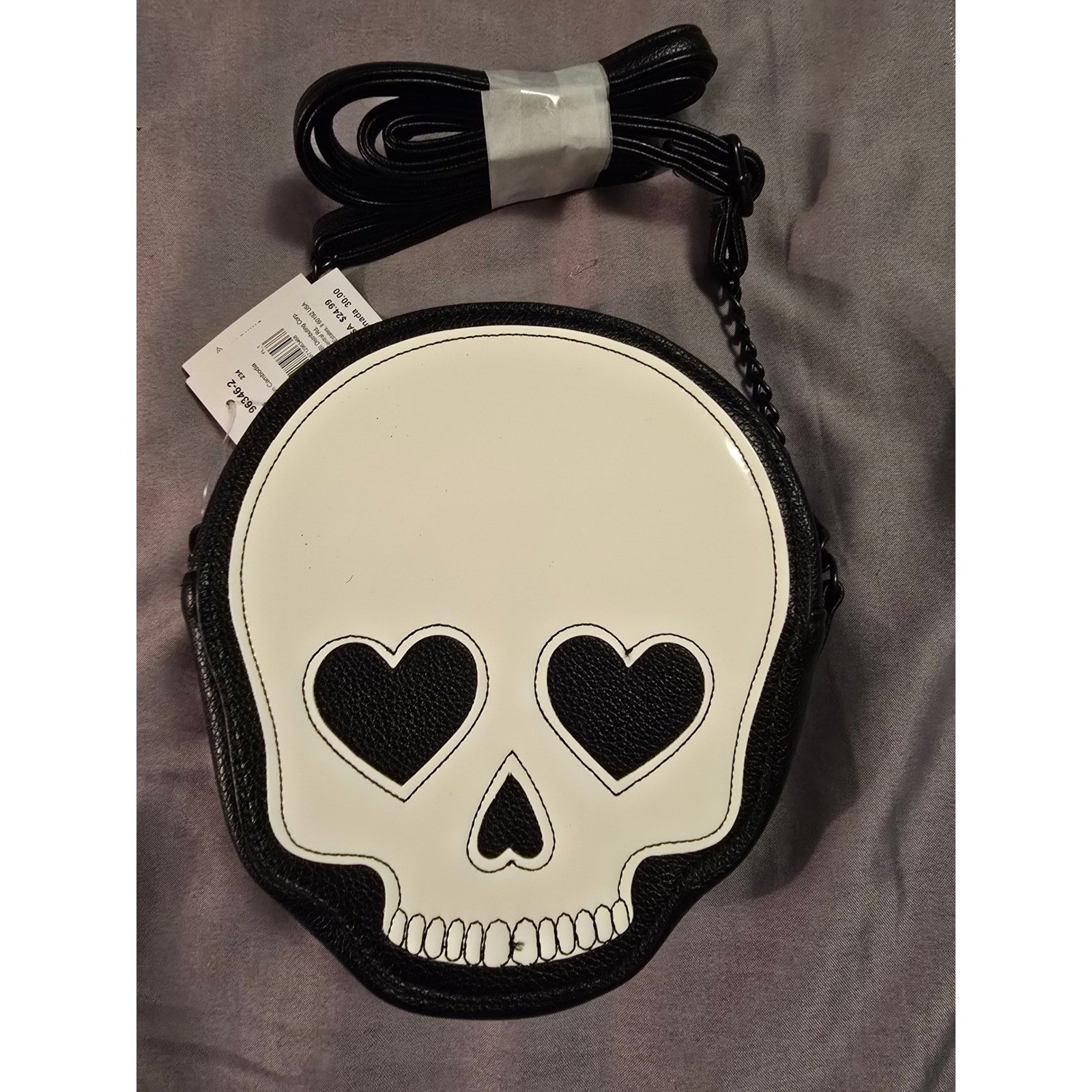 Skull Heart Eyes Crossbody Bag Black White Gothic Pebbled Faux Leather New