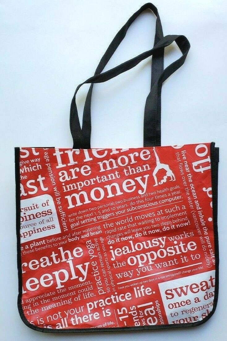 Lululemon shopping bag large red white lettering straps snap 15-1/2″ x 14-1/2″