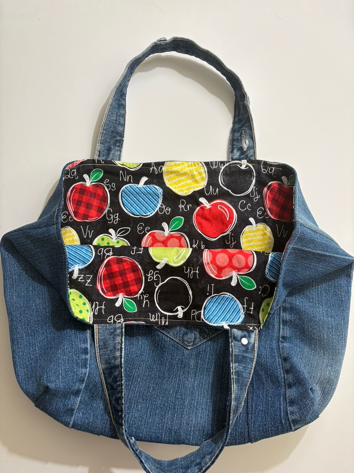Handmade Upcycled Blue Denim Tote Bag Fully Lined With Teacher Cotton 19×14.5in