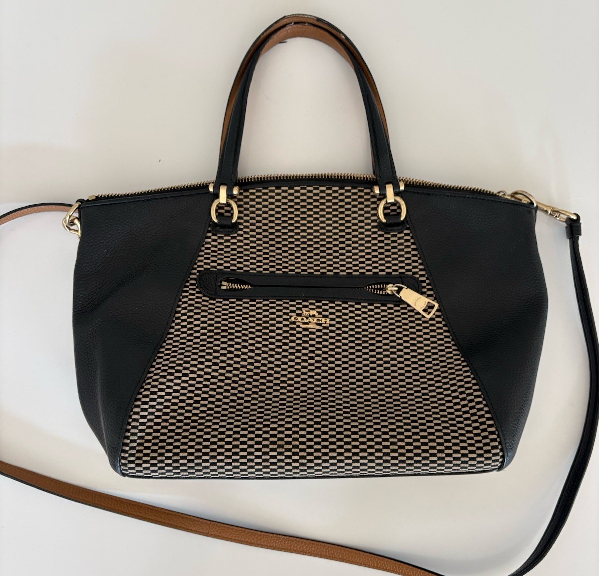 Coach Black/Beige/Brown Geometric Satchel Top Handle Bag, Zip, Detachable Strap