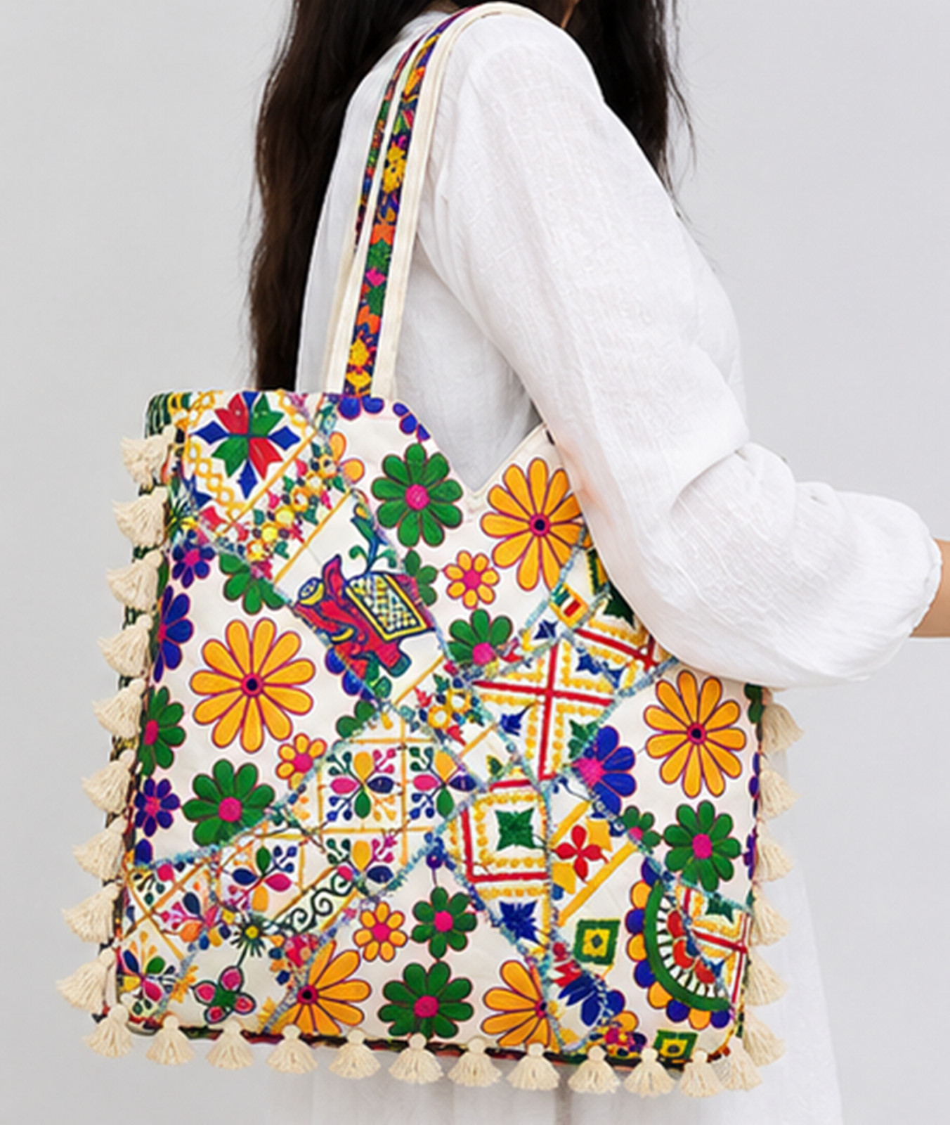 Handmade Floral Patchwork Cotton Tote Bag, Boho Shoulder Bag with Tassels
