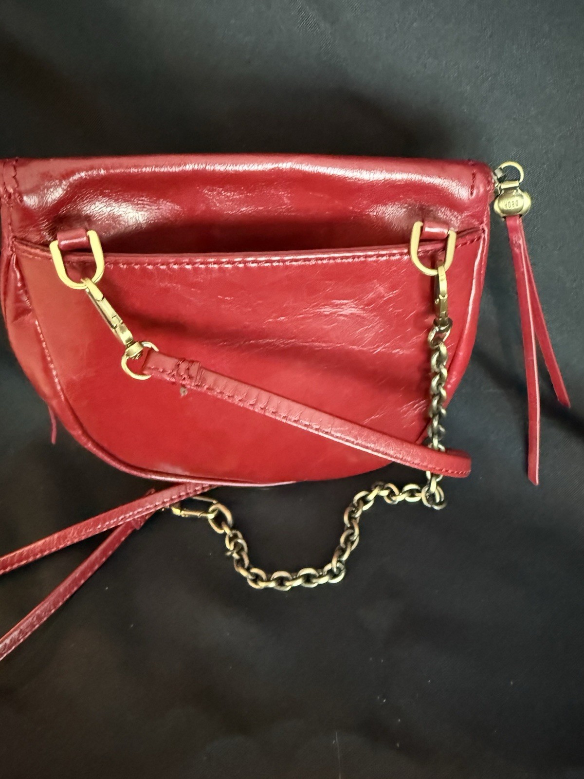 HOBO Red Leather Half Moon Crossbody Bag Gold Hardware Floral Lining Pockets