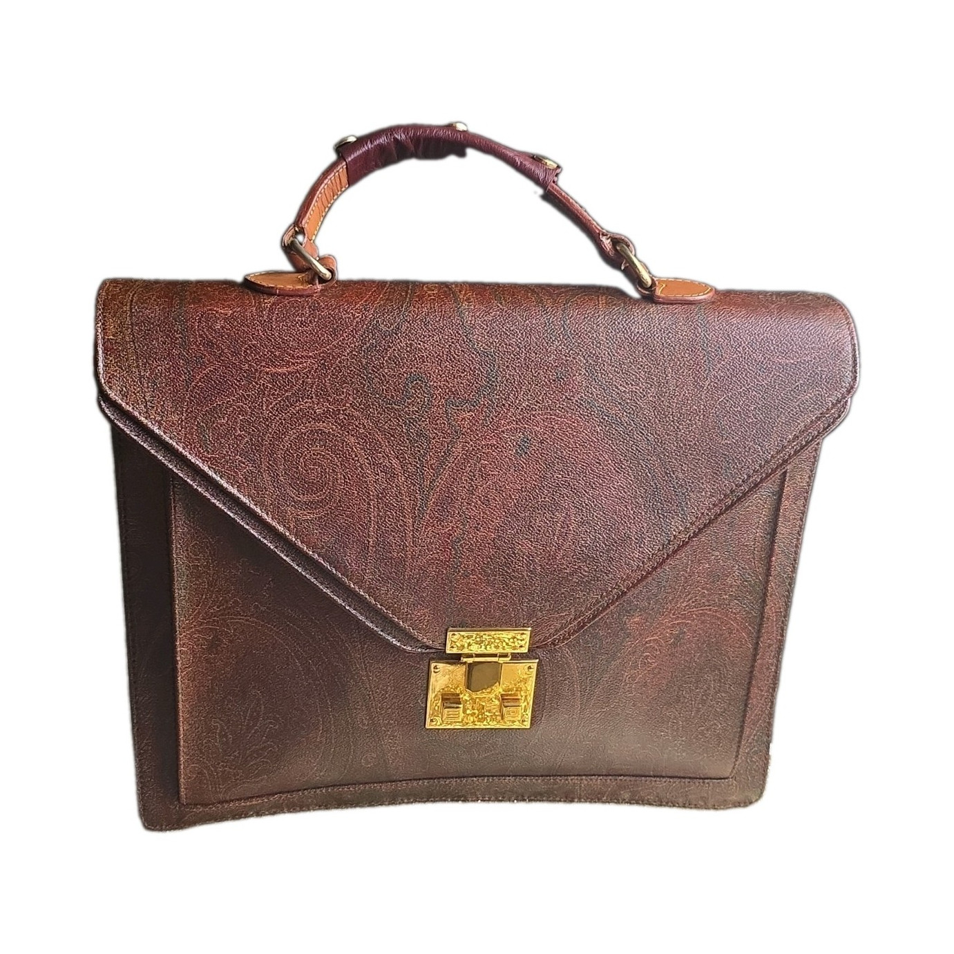 ETRO Brown Paisley Top Handle Satchel Briefcase Gold Hardware Lock, Key, Pockets