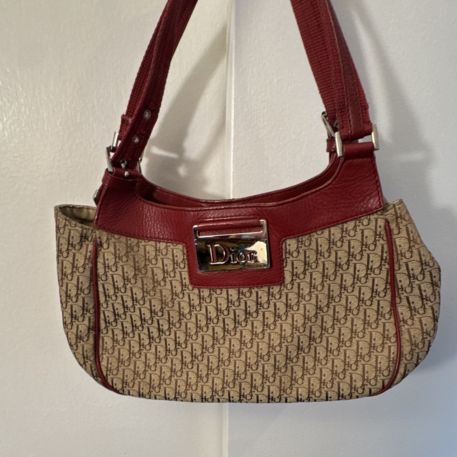 Dior Beige Red Monogram Shoulder Bag Zip Snap Logo Buckle Pockets Silver