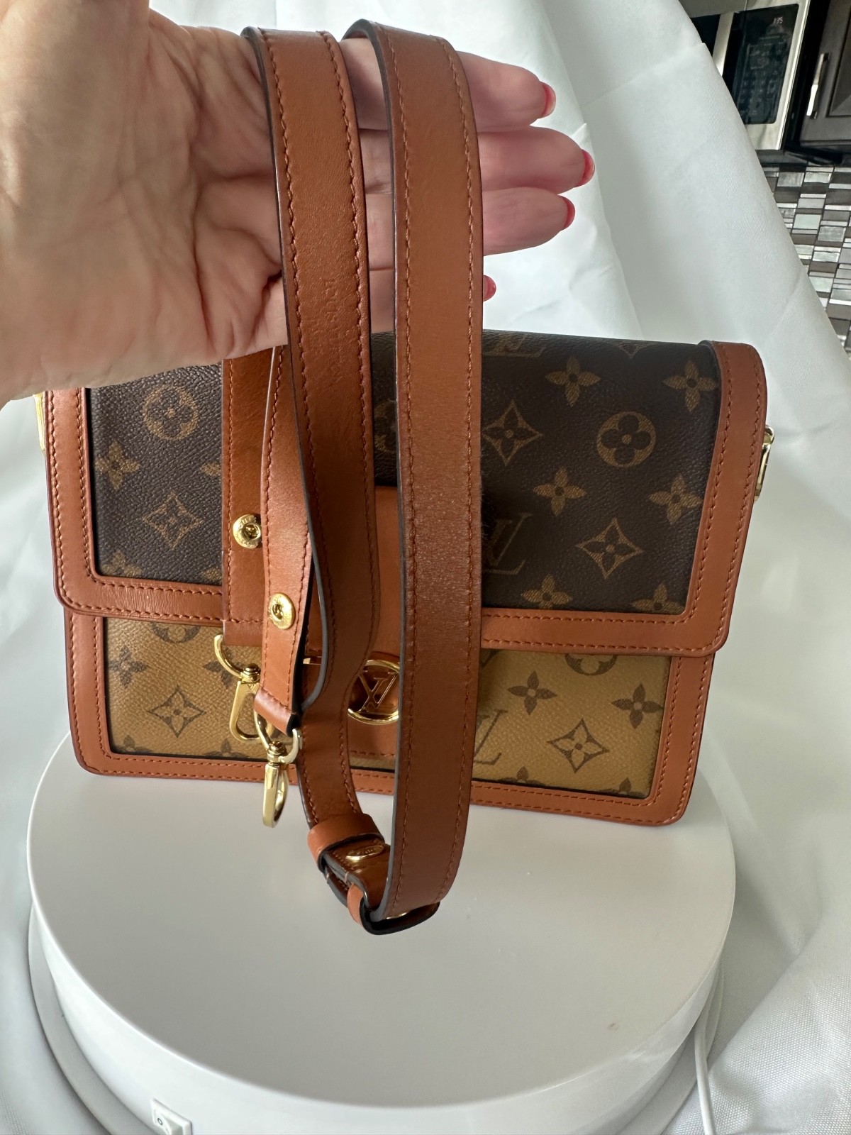 Louis Vuitton Dauphine MM Two Strap Monogram Canvas Gold Chain Shoulder Bag