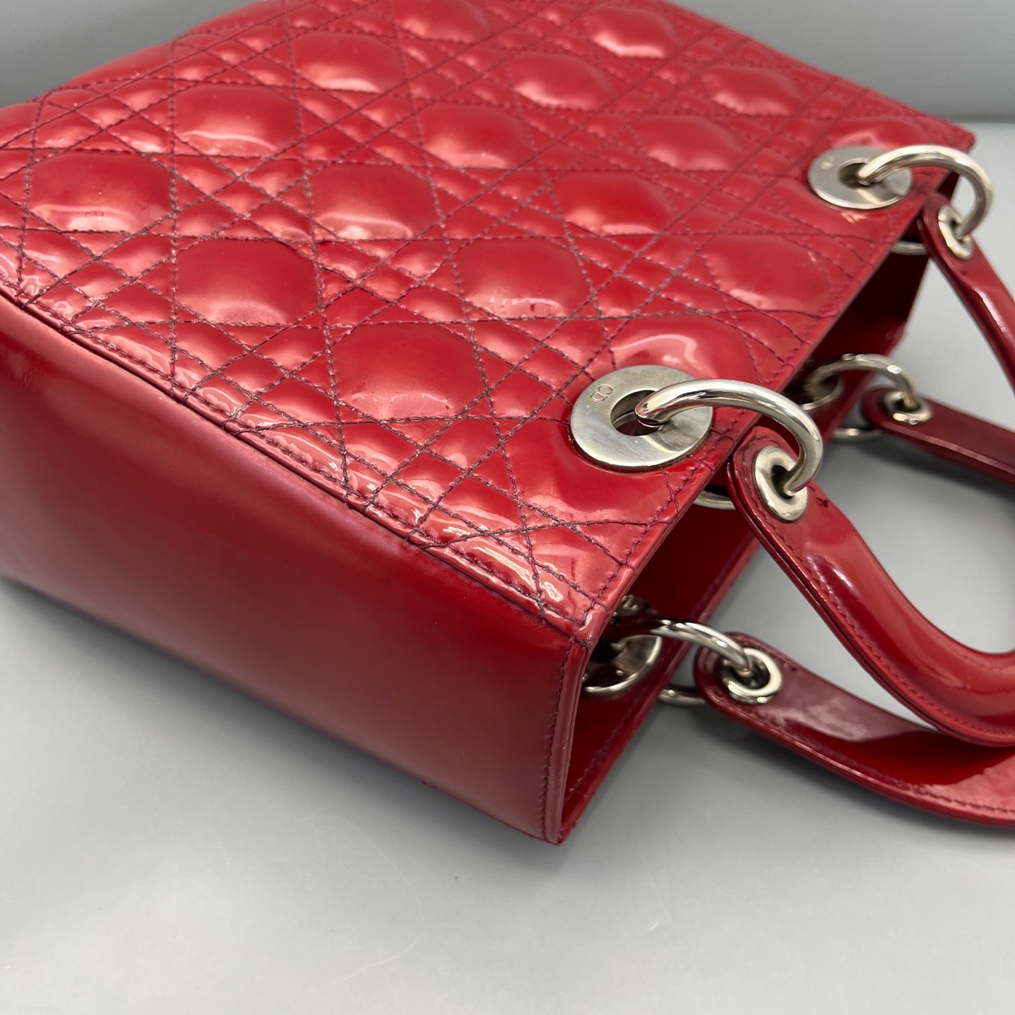 AUTH DIOR Lady Dior Medium Red Patent Leather Top Handle Bag.