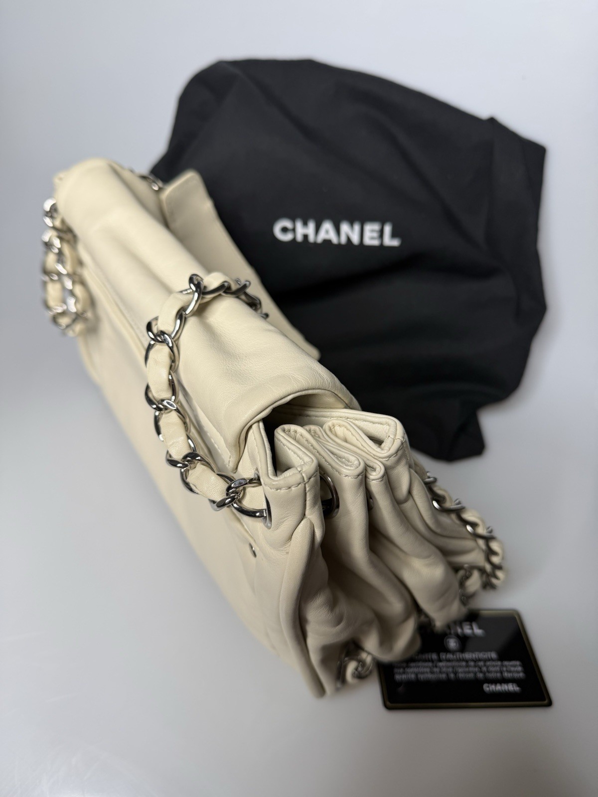 Authentic CHANEL Beige Ivory Leather, Chain Trim Flap Shoulder Bag