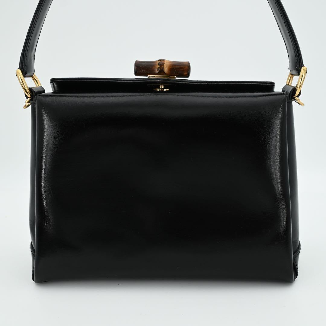 Gucci Vintage Bamboo Turn Lock Leather Handbag 2Way Shoulder Black Made Italy