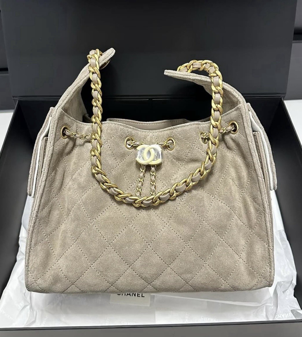 Auth BNIB Chanel 25 Hobo Bag Small Light Grey Suede Aged Gold hardware.