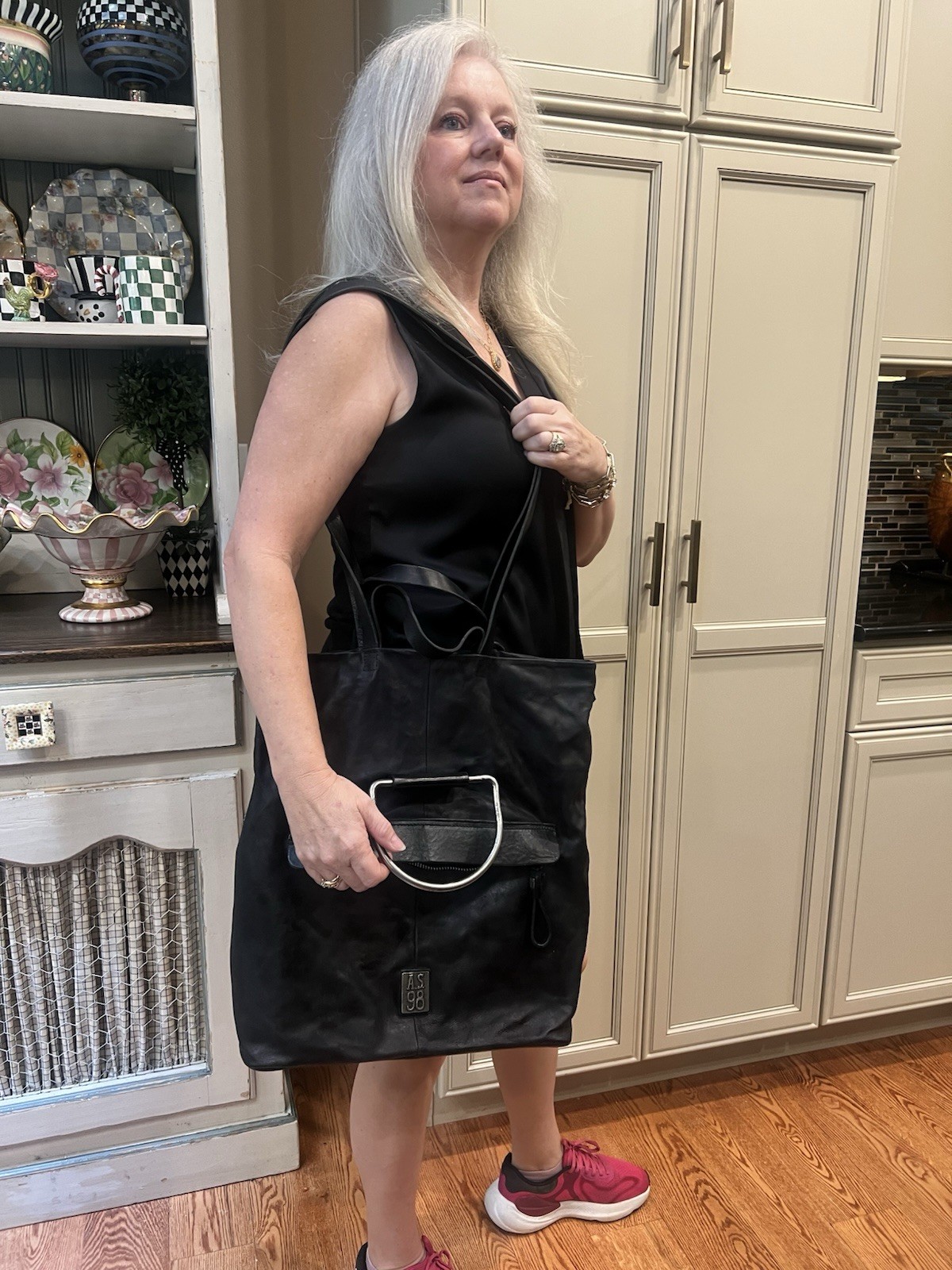 A.S.98 HATCHER NERO Orig Receipt $639 VTG LARGE BLACK LEATHER TOTE SILVER BRIDLE