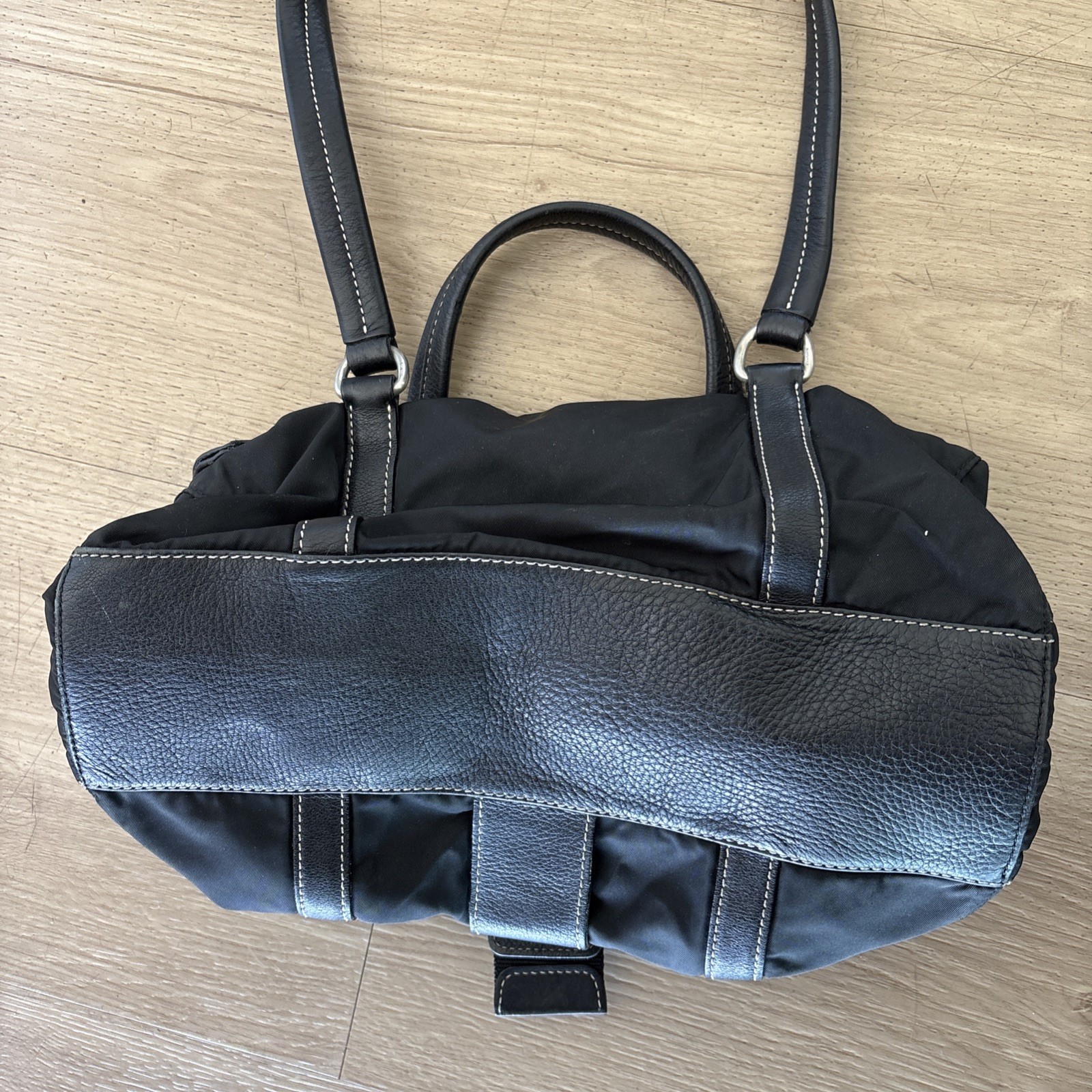 Vintage Prada Shoulder Bag Black Tessuto Nylon Saffiano Leather Buckle W Wallet