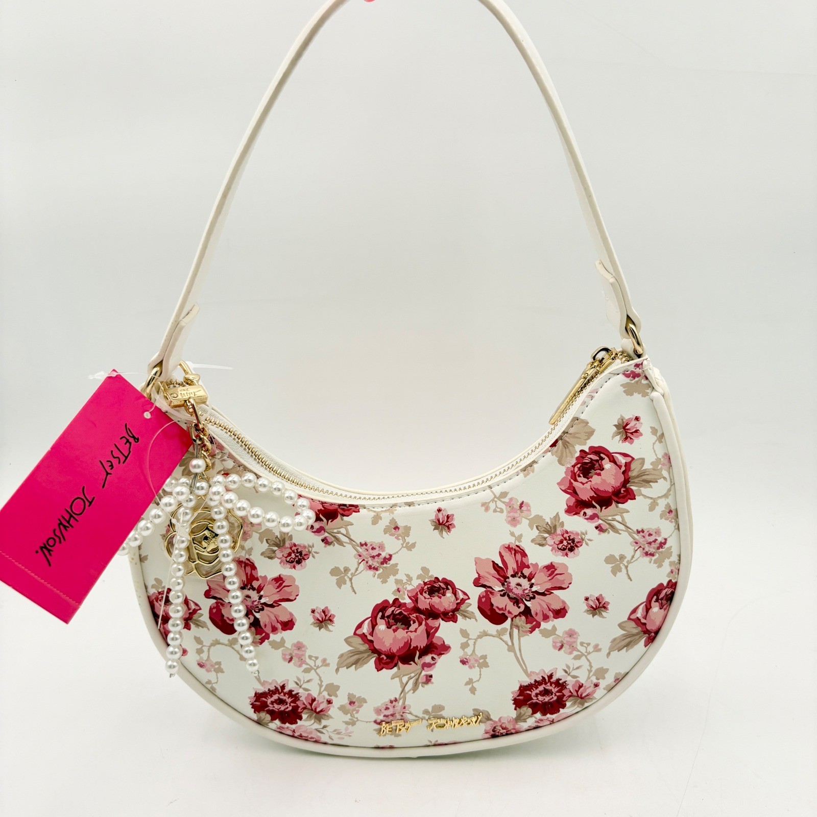 Betsey Johnson Xonorthy White Floral Rose Crescent Shoulder Bag Pearl Bow Charm