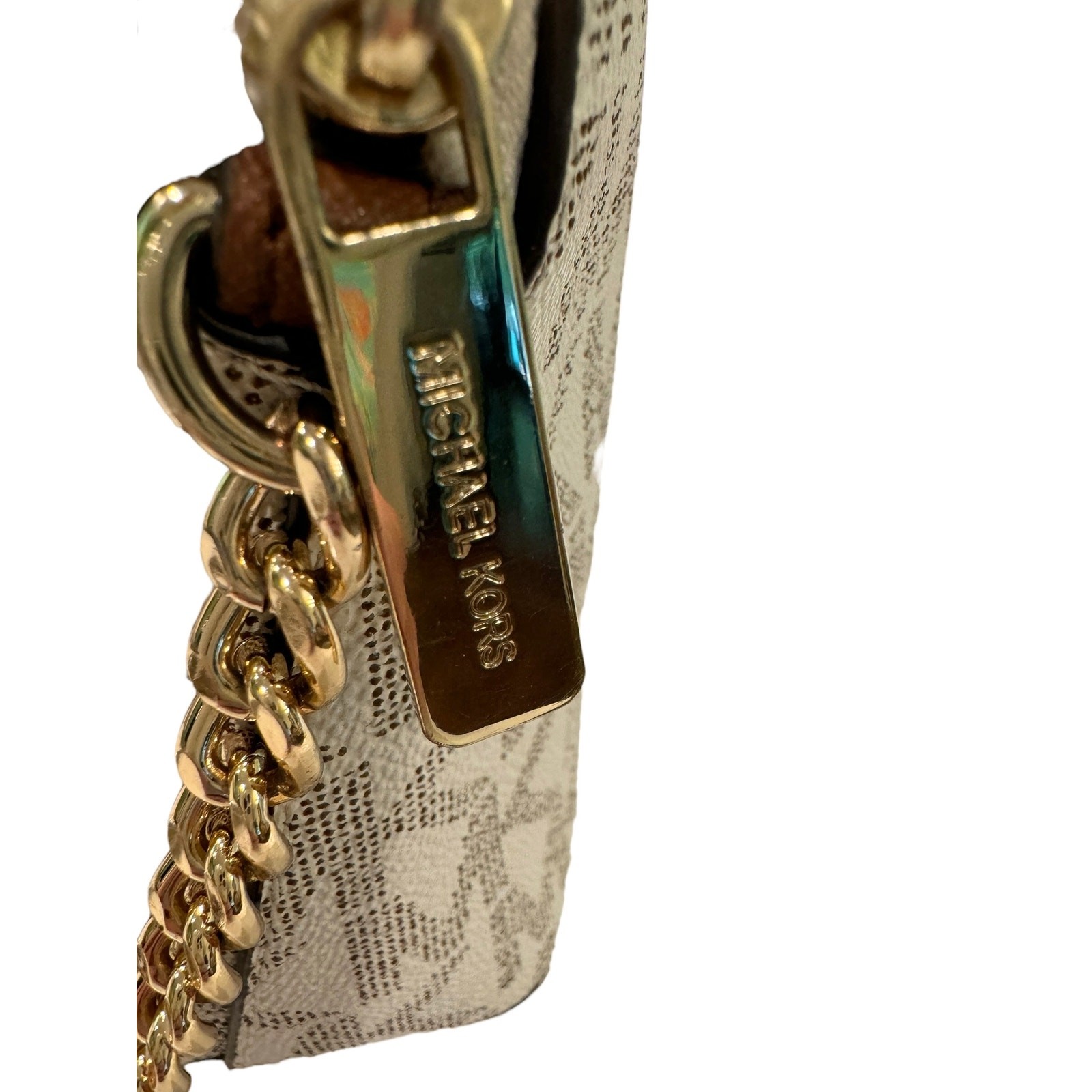 Michael Kors Classic Cream Logo Monogram Crossbody Gold Chain Shoulder Luxury