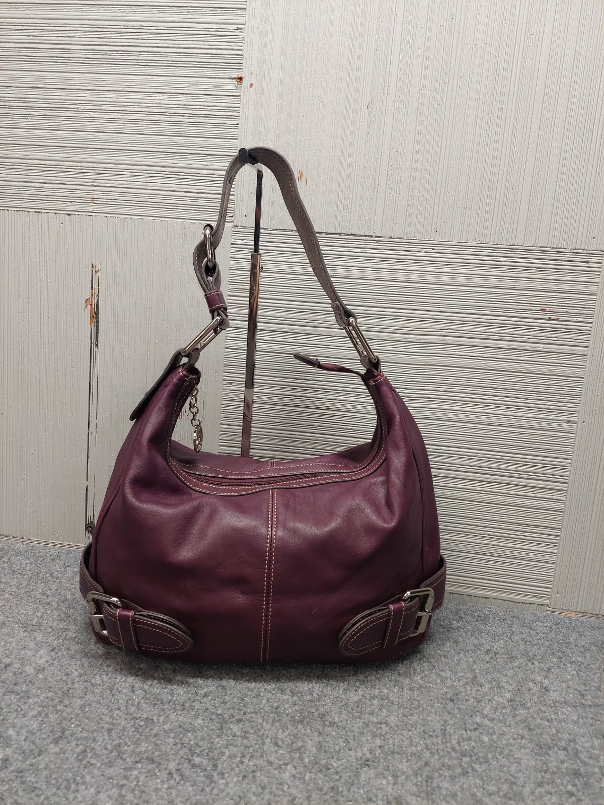 Franco Sarto Women Shoulder Bag Burgundy Genuine Leather Belted Buckle Y2K