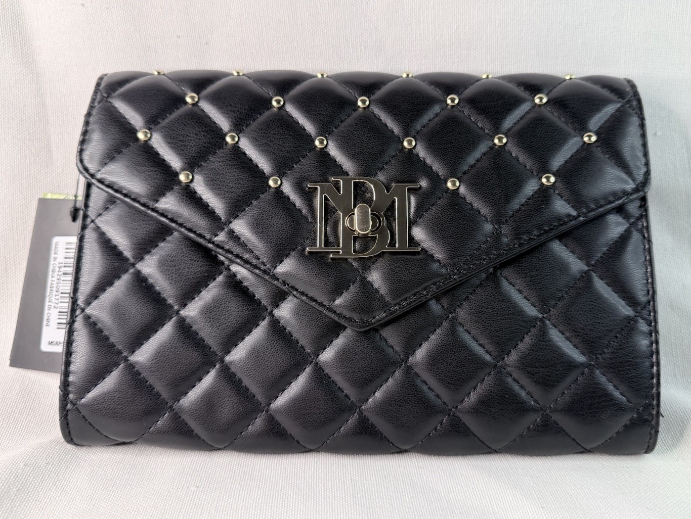 Badgley Mischka Women’s Black Quilted Studded Clutch Gold Chain, Turn Lock