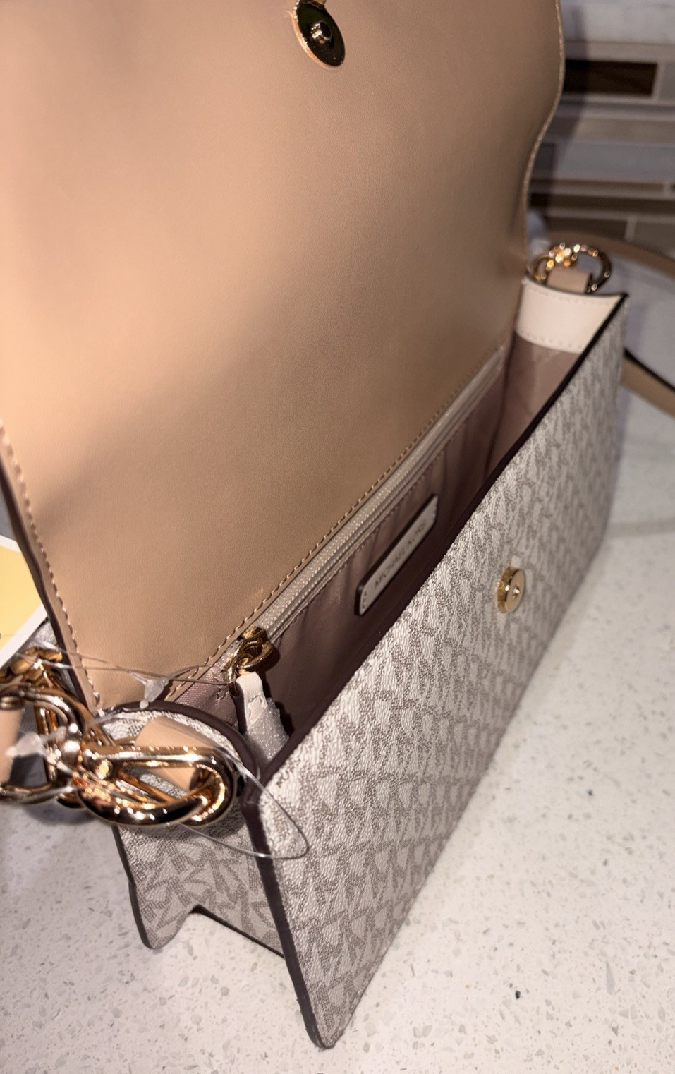 MICHAEL KORS GREENWICH MEDIUM FLAP SHOULDER CROSSBODY BAG MK CREAM BROWN LOGO